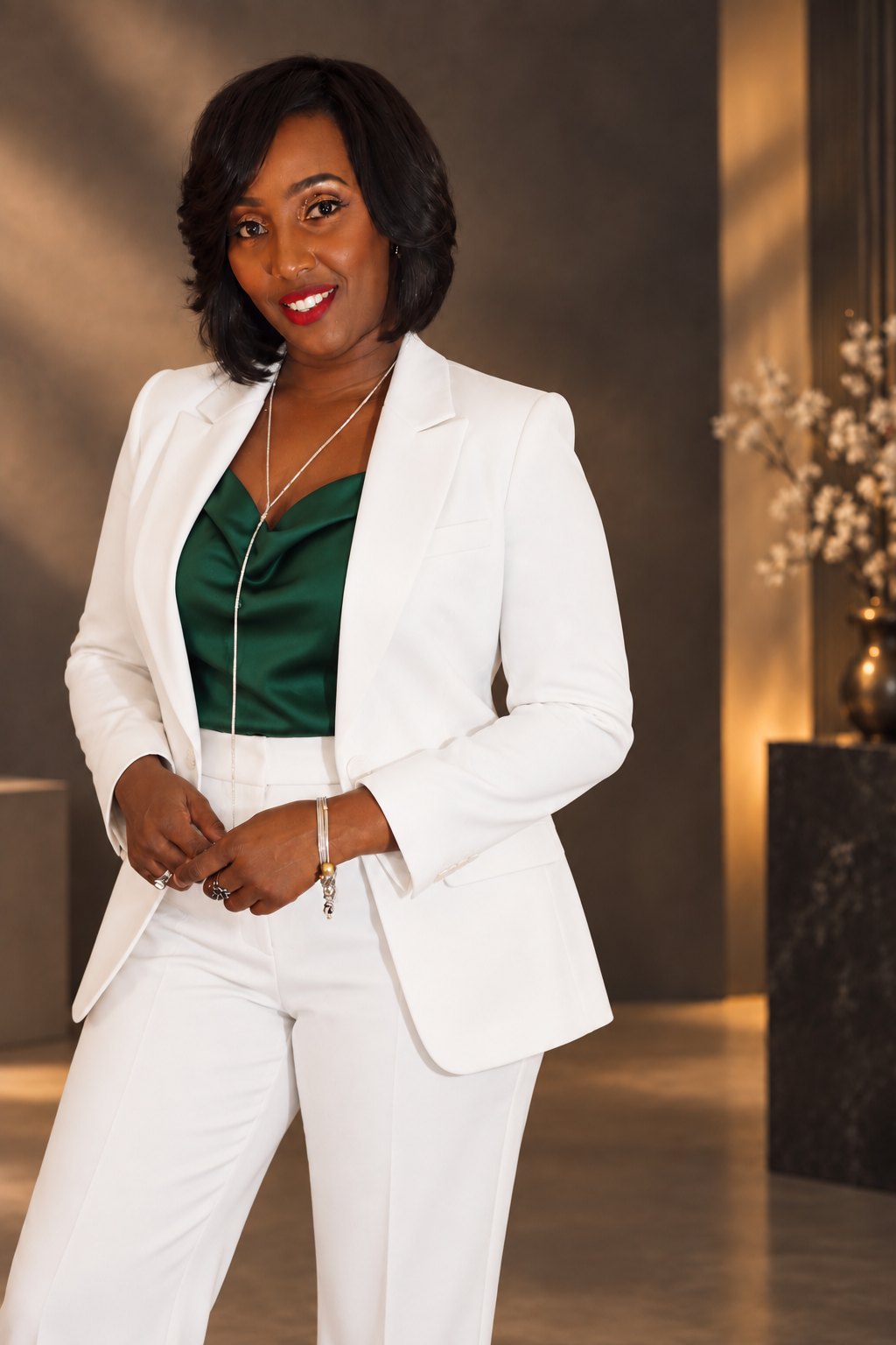 Teresa “Coach Tee” Hawthorne smiling in a white suit and emerald top